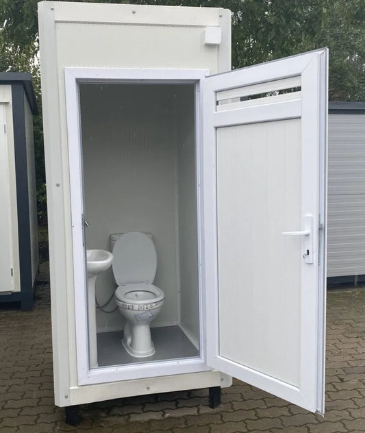 Kompakter Sanitärcontainer 1,20 × 1,15 m mit WC, Waschbecken und Elektroinstallation