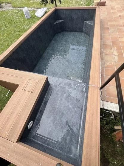 Rostande Containerpool 6,2 × 2,5 m – komplett ausgestatteter Pool mit Wärmepumpe