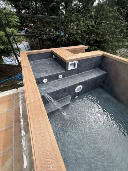 Rostande Containerpool 6,2 × 2,5 m – komplett ausgestatteter Pool mit Wärmepumpe